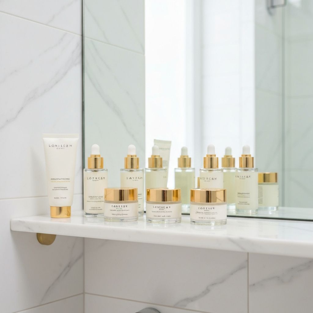 Prodotti skincare premium su poliera luminosa